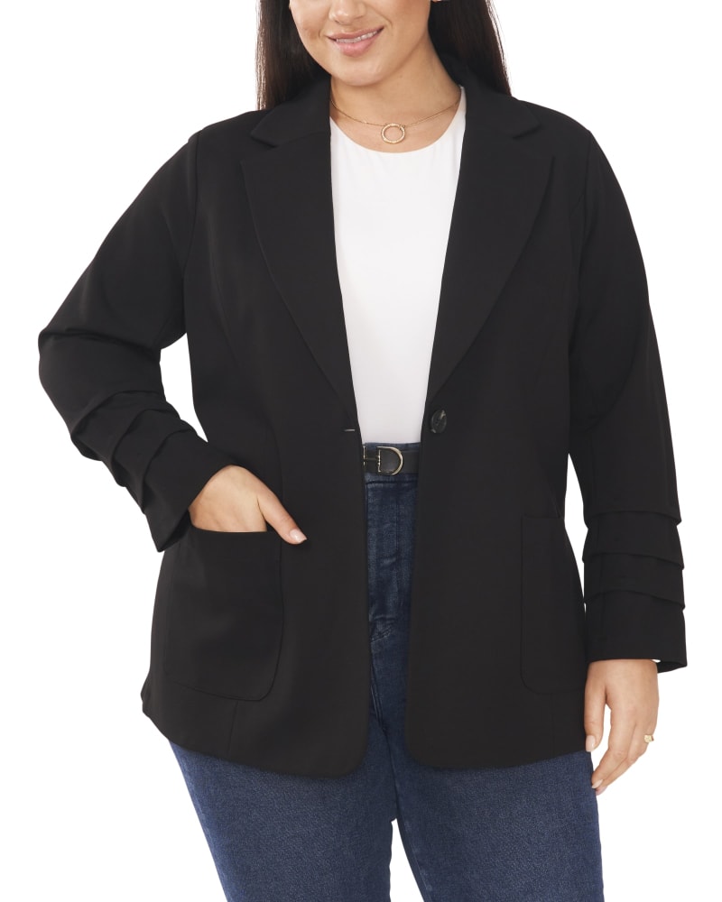 Front of a model wearing a size 1X Lydia Ruched Sleeve Blazer in Rich Black by Vince Camuto. | dia_product_style_image_id:261260